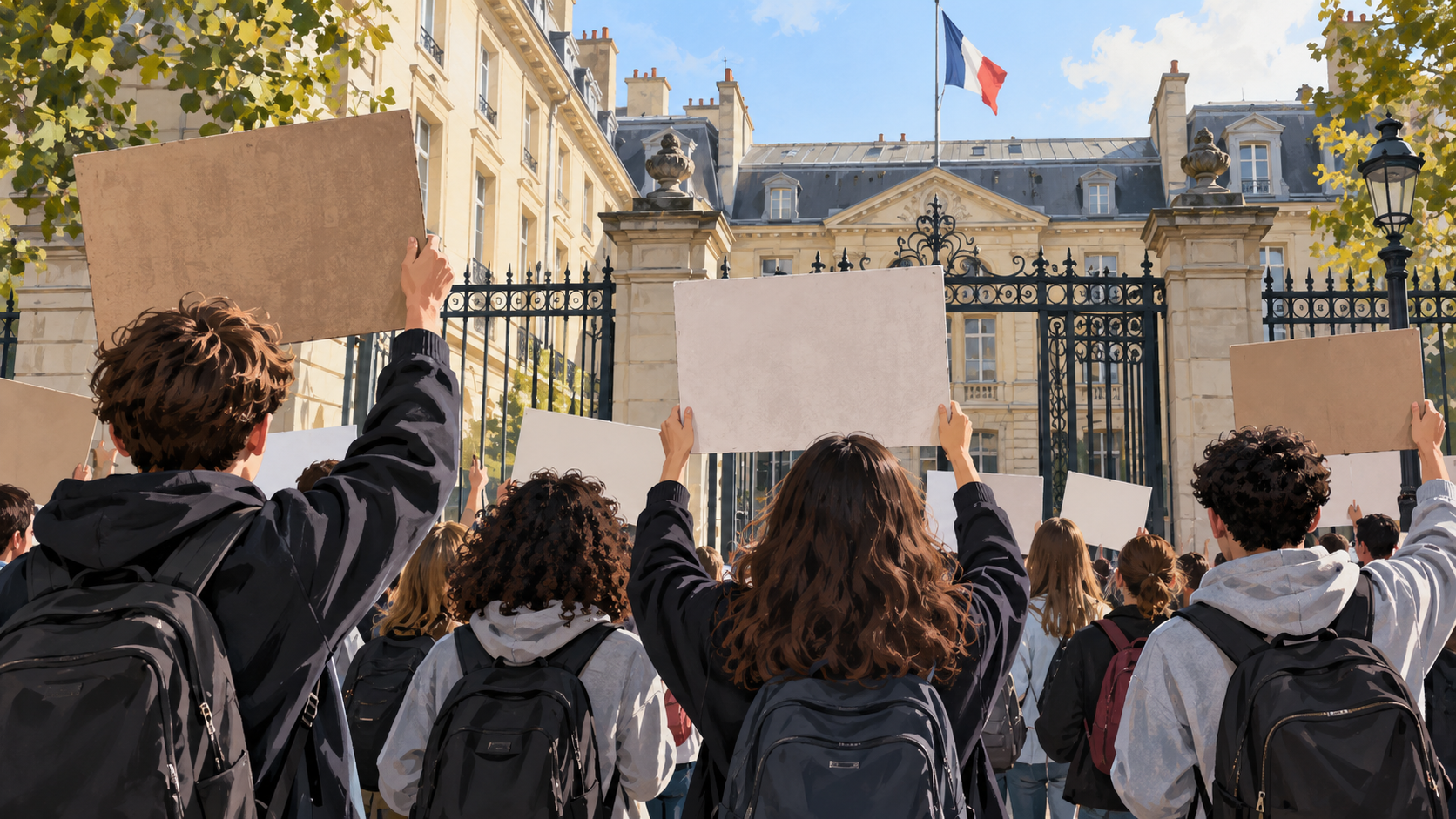 Studenti davanti a un liceo francese, illustrazione editoriale