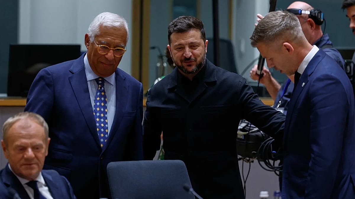 Volodymyr Zelensky, Péter Magyar e António Costa a un incontro europeo, repertorio