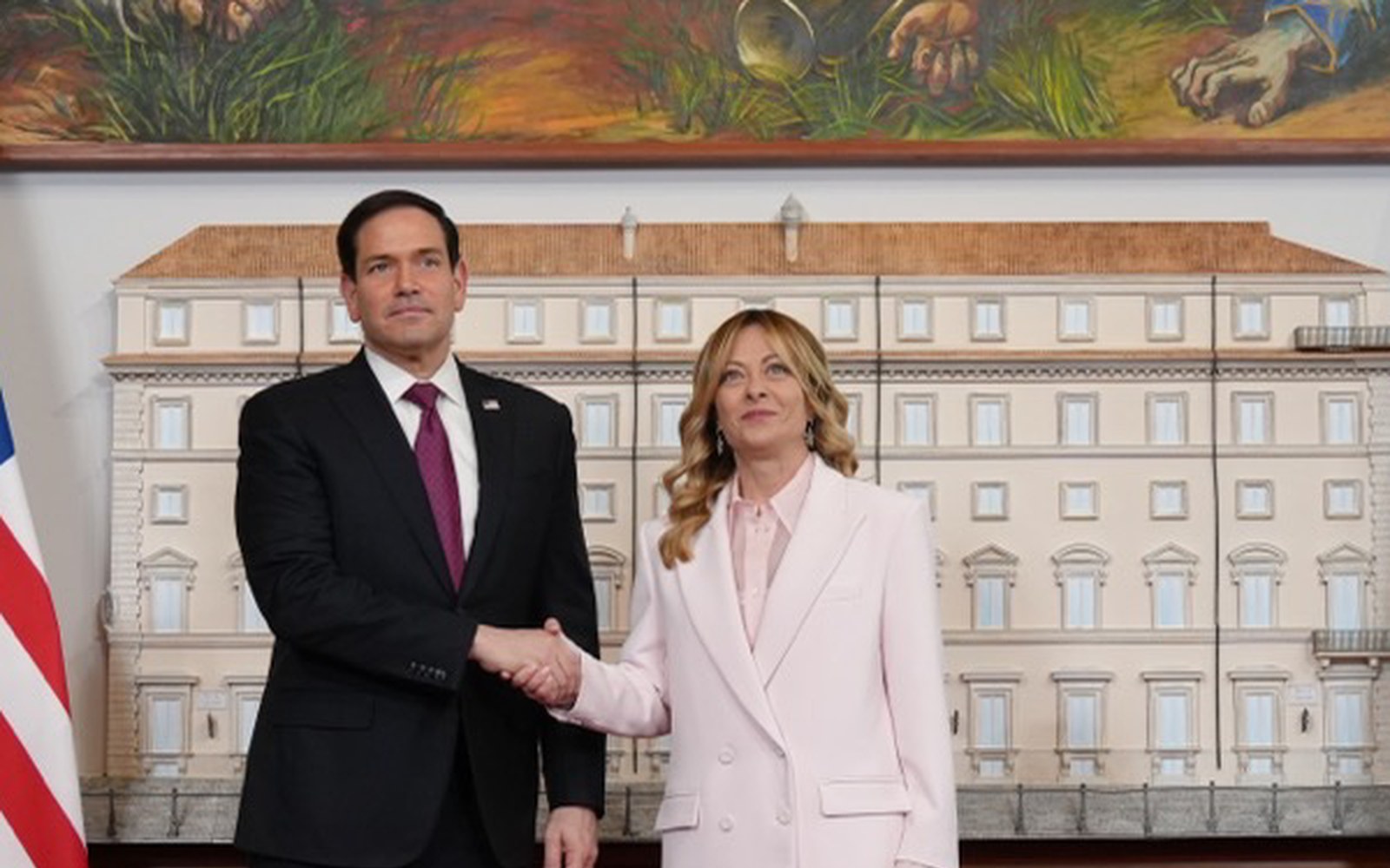 Giorgia Meloni con Marco Rubio a Roma l’8 maggio 2026. Fotografia di repertorio, non del videomessaggio al Forum di Varignana.