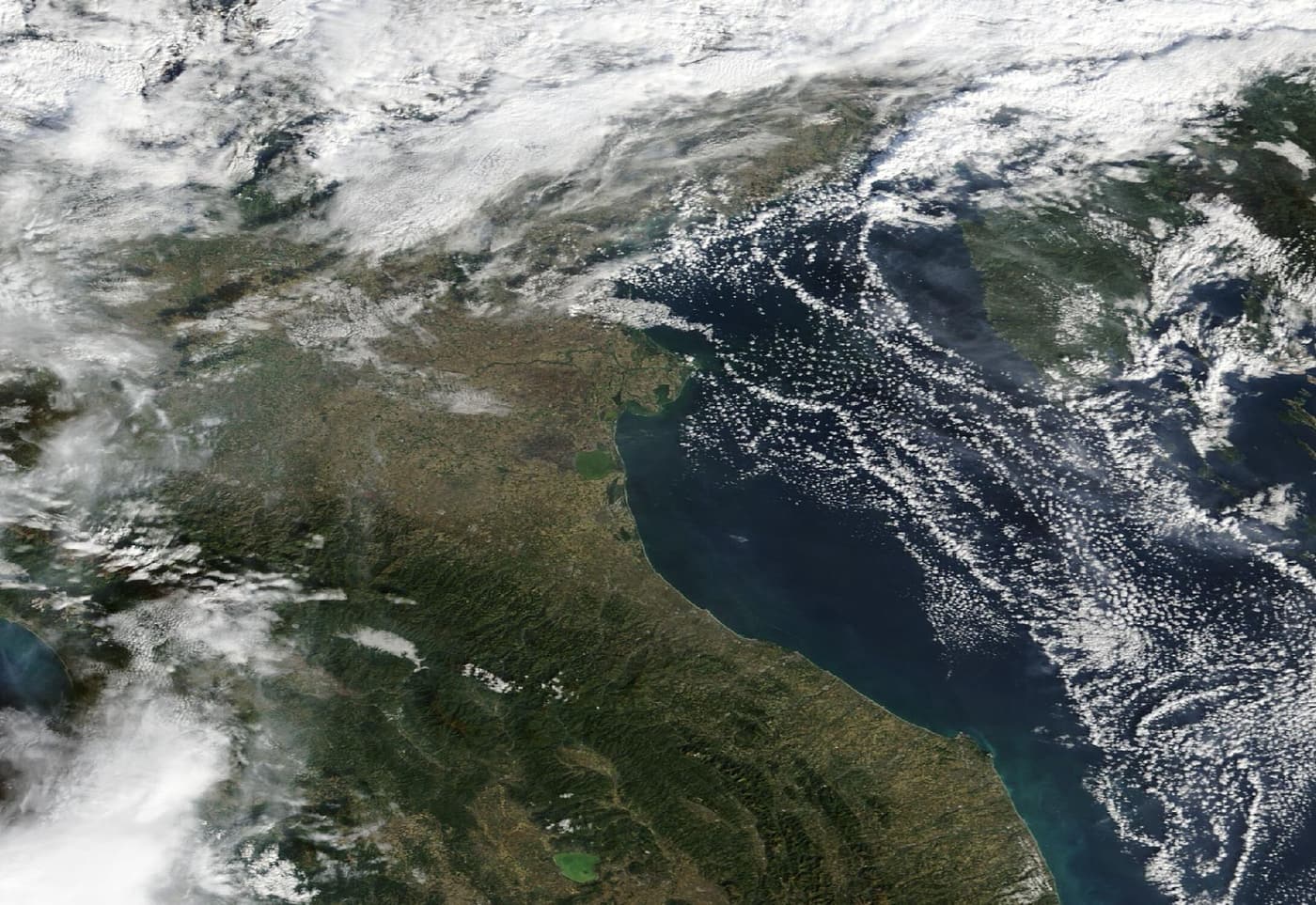 La costa emiliano-romagnola e l’Adriatico settentrionale osservati dal satellite Terra/MODIS il 20 ottobre 2026. Contesto geografico, non dell’impianto Ravenna CCS.