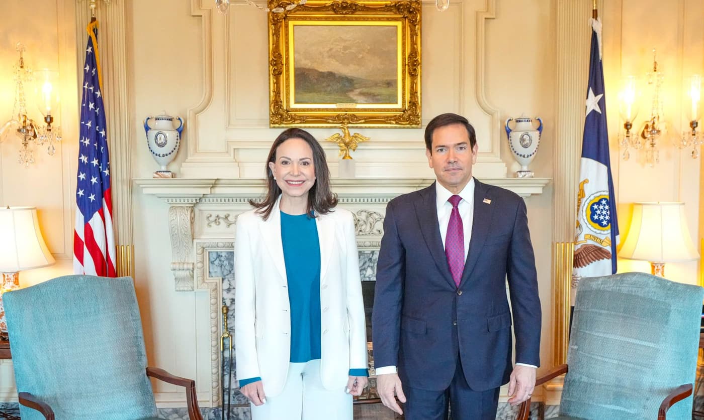 María Corina Machado con Marco Rubio a Washington il 31 marzo 2026. Repertorio, non del rientro.