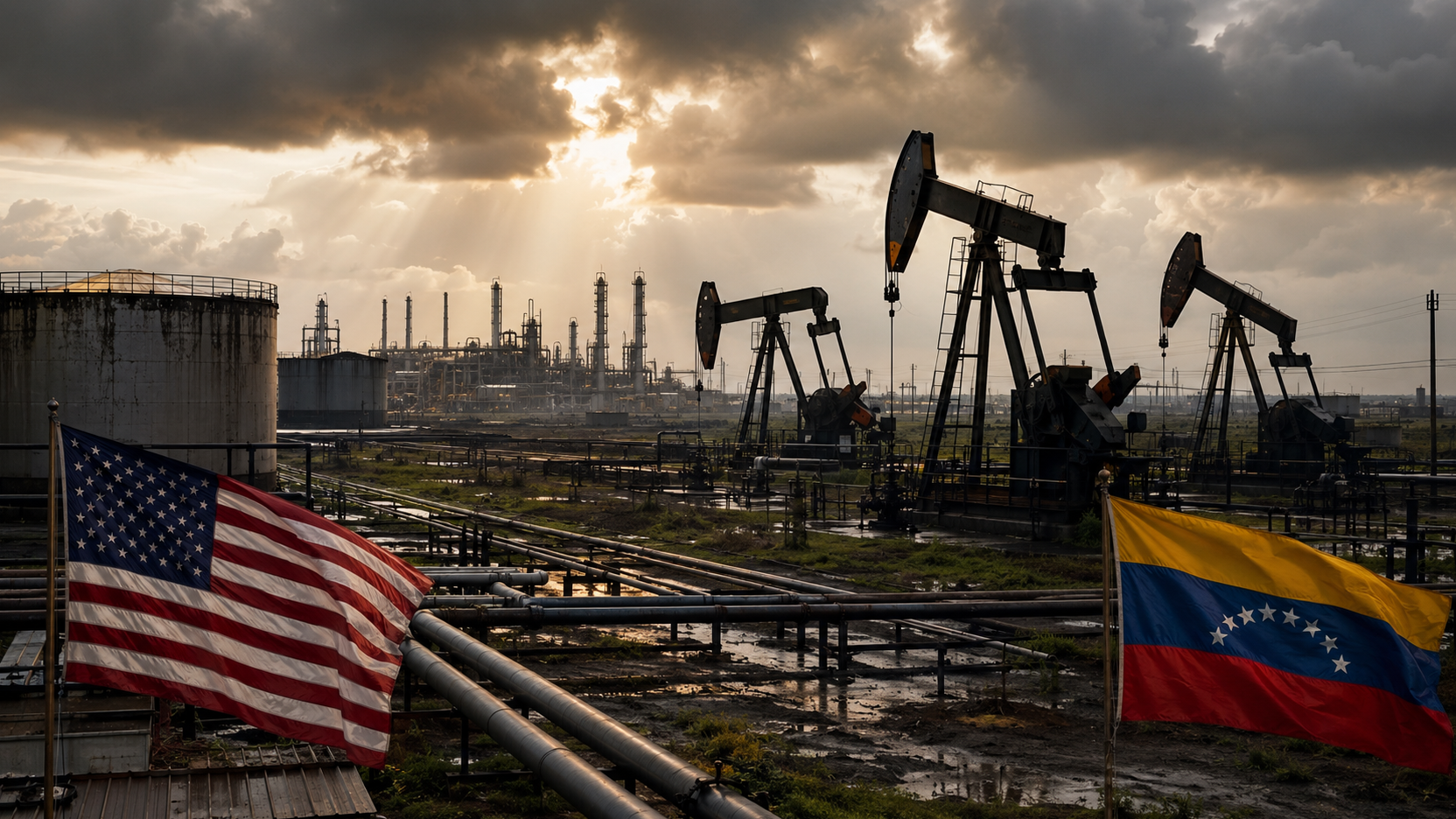 Infrastrutture petrolifere venezuelane e simboli di Stati Uniti e Venezuela